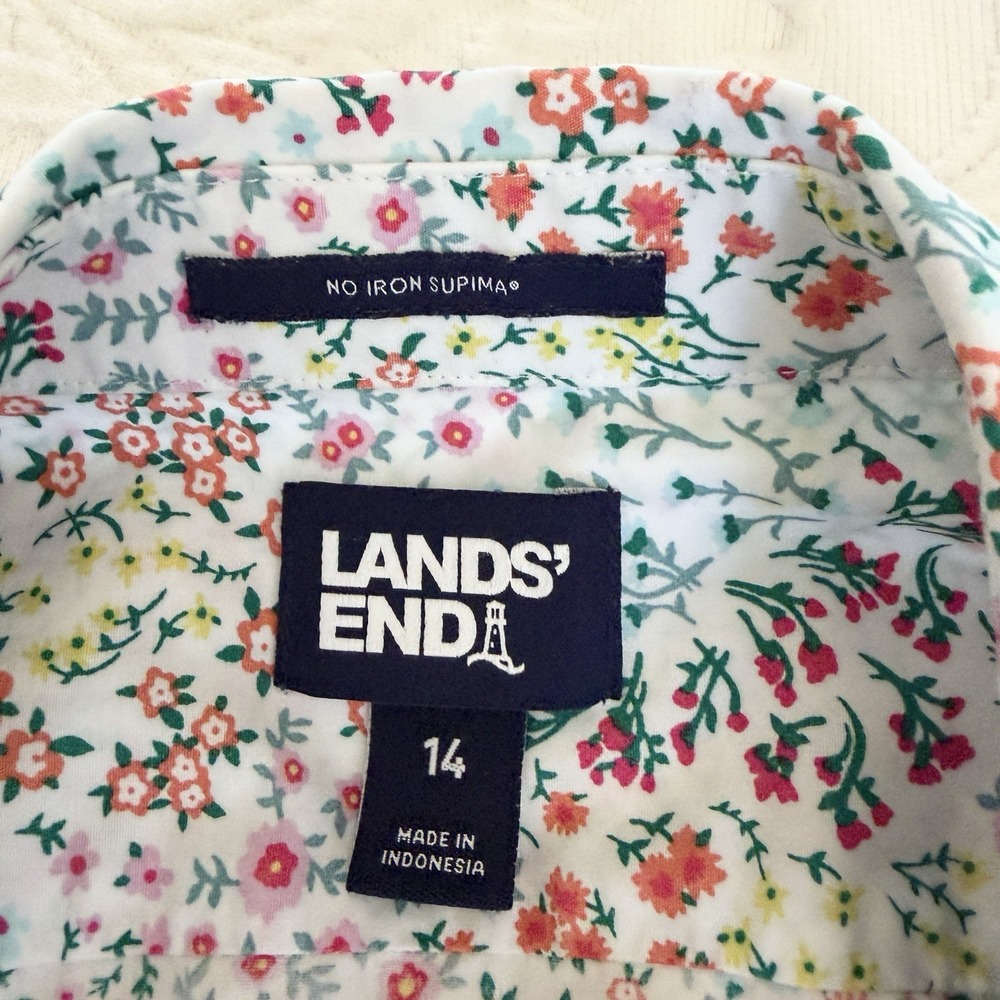 Lands' End 14 Ditzy Floral Button Down Shirt Cotton Cottagecore No Iron Supima